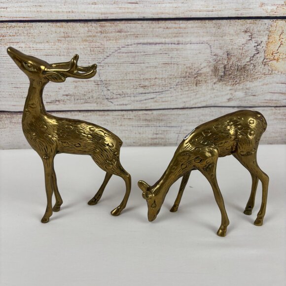 Brass Buck and Doe Deer Pair Vintage Figurines Décor Taiwan - Picture 3 of 10
